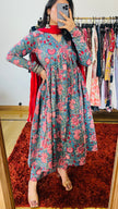 Blue Red Floral Printed Cotton Manmohini Alia Cut Kurta