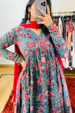 Blue Red Floral Printed Cotton Manmohini Alia Cut Kurta