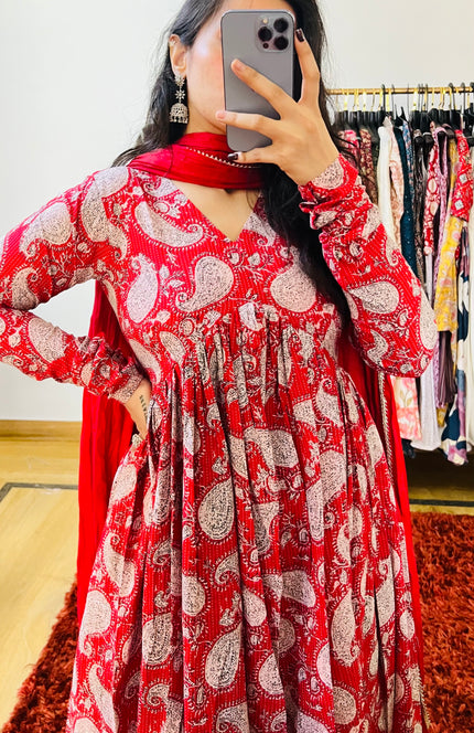 Red Printed Cotton Manmohini Alia Cut Kurta