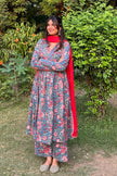 Blue Red Floral Printed Cotton Manmohini Alia Cut Kurta