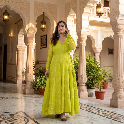 Lime Green Festive Chanderi Angrakha Kurta