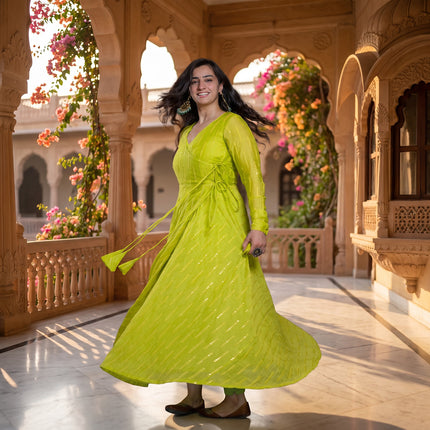 Lime Green Festive Chanderi Angrakha Kurta