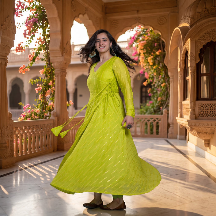Lime Green Festive Chanderi Angrakha Kurta