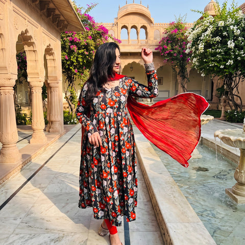 Black Floral Cotton Noor Gher Kurta