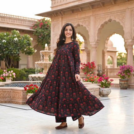 Raha Black Floral Printed Cotton Kurta Plazoo Set