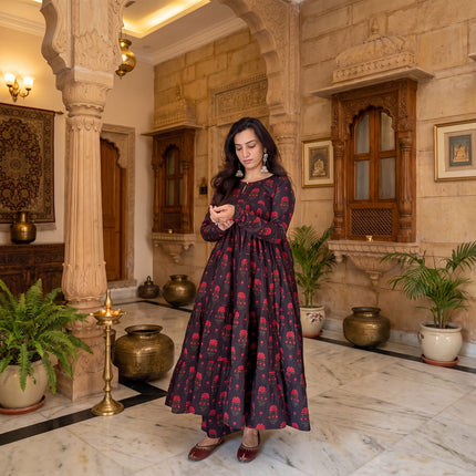 Raha Black Floral Printed Cotton Kurta Plazoo Set