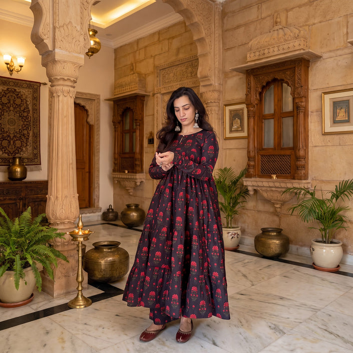 Raha Black Floral Printed Cotton Kurta Plazoo Set
