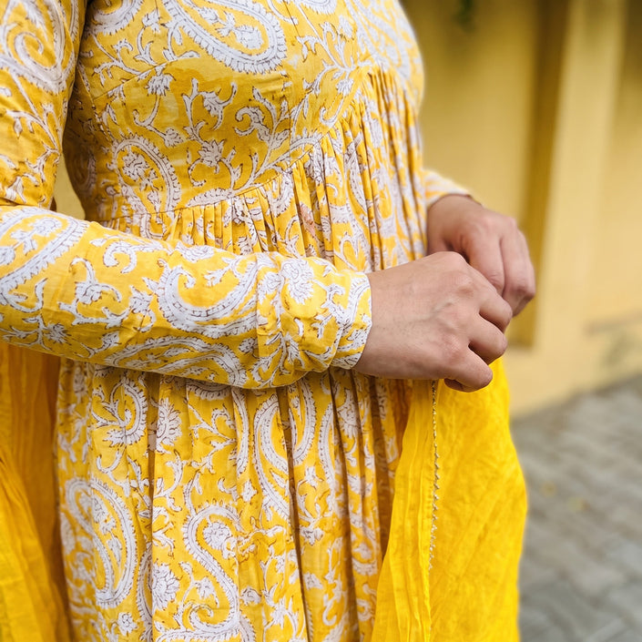 Yellow Printed Manmohini alia cut Kurti