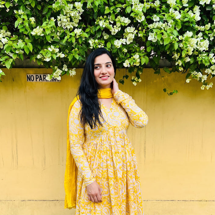 Yellow Printed Manmohini alia cut Kurti
