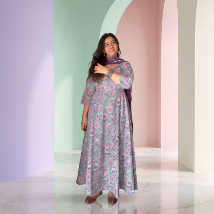 Lavender Pastel Floral Printed Anarkali Kurta