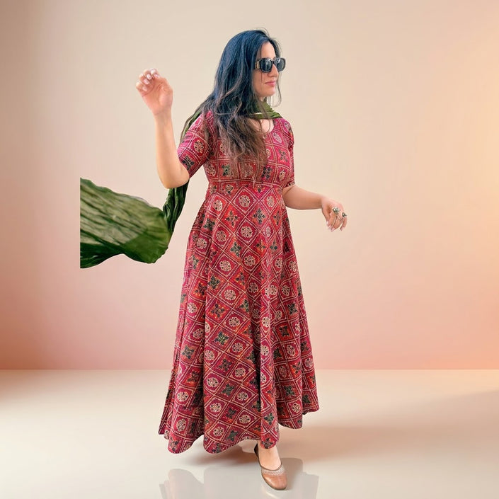 Golden Bandhej Printed Anarkali Kurta