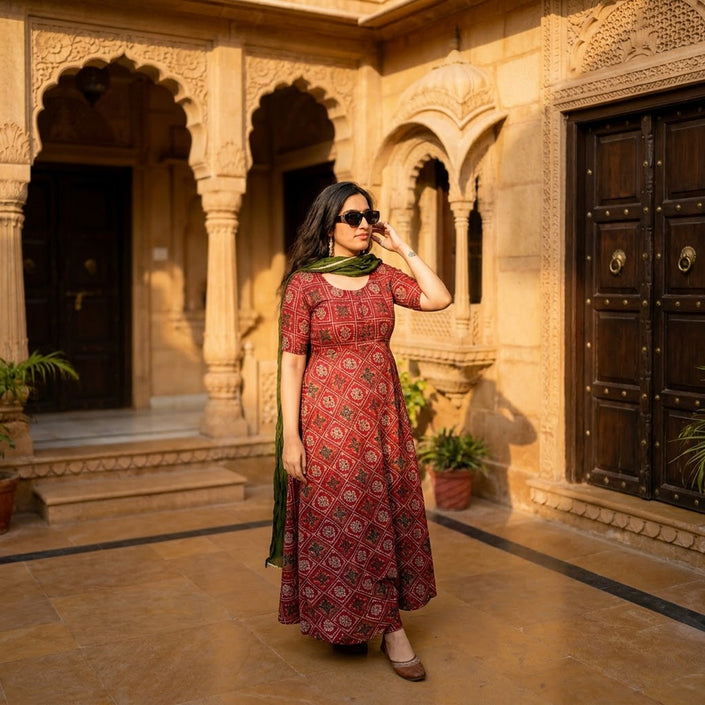 Golden Bandhej Printed Anarkali Kurta