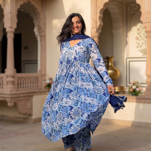 Blue White Floral Manmohini Alia Cut Kurta