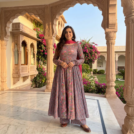 Grey Pink Floral Cotton Printed Anaya Gher Kurta