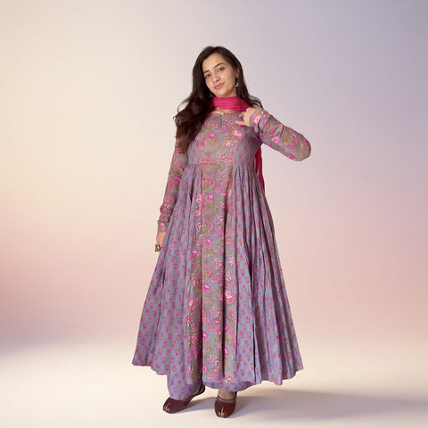 Grey Pink Floral Cotton Printed Anaya Gher Kurta