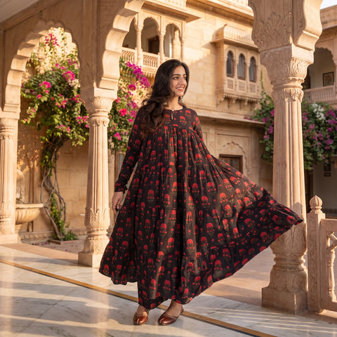 Black Red Floral Cotton Kurta Bottom Set