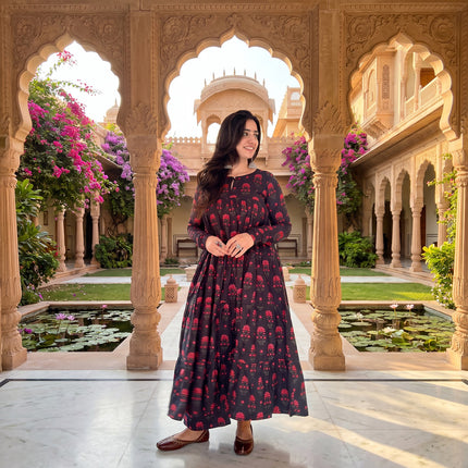 Black Red Floral Cotton Kurta Bottom Set