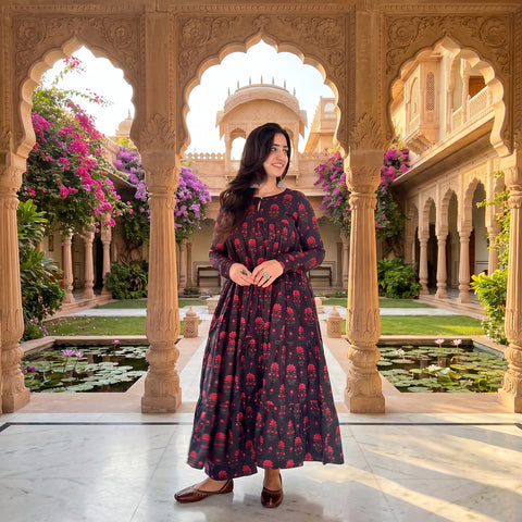 Black Red Floral Cotton Kurta Bottom Set