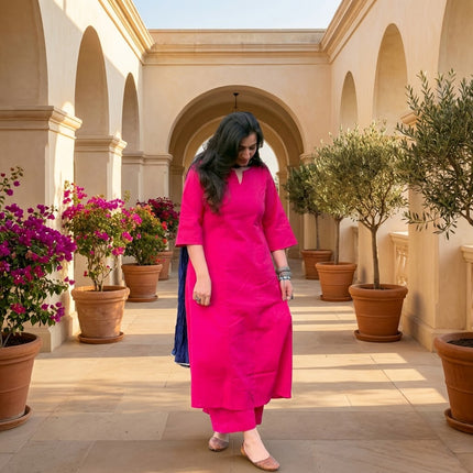 Pink Solid Cotton A-Line Kurti