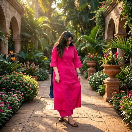 Bright Pink Solid Cotton A-Line Kurti