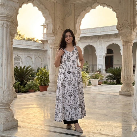 Black & White Ikkat Cotton A-Line Kurti