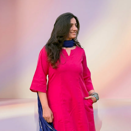 Bright Pink Solid Cotton A-Line Kurti