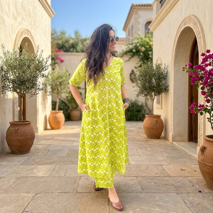 Lime Green Printed Cotton A-Line Kurti