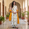 Mustard White A Line Printed Cotton Kurta for Women