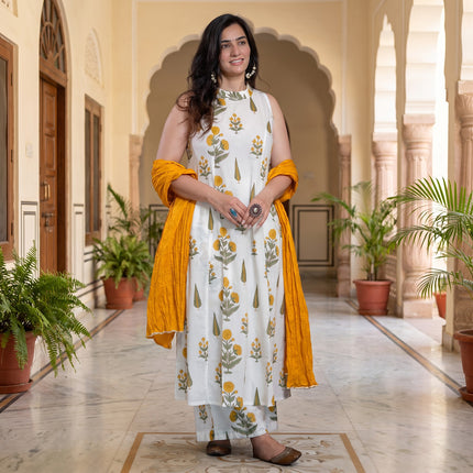 Mustard White A Line Printed Cotton Kurta for Women