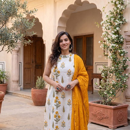 Yellow Ikkat Printed Cotton A-Line Kurti