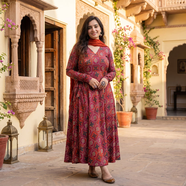 Red Bandhani Printed Cotton Angrakha Kurta