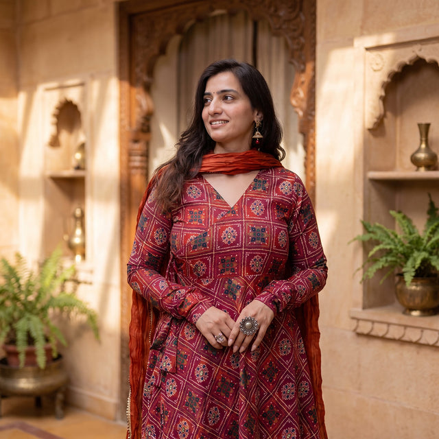 Red Bandhani Printed Cotton Angrakha Kurta