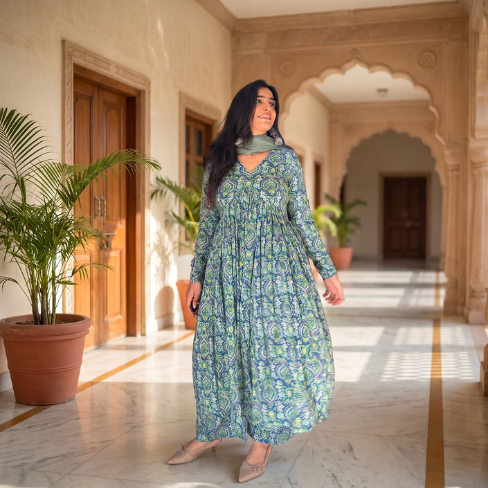 Navy Blue Ajrak Manmohini Alia Cut Kurta