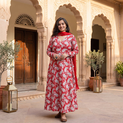 Red Paisley Cotton Angrakha Kurta