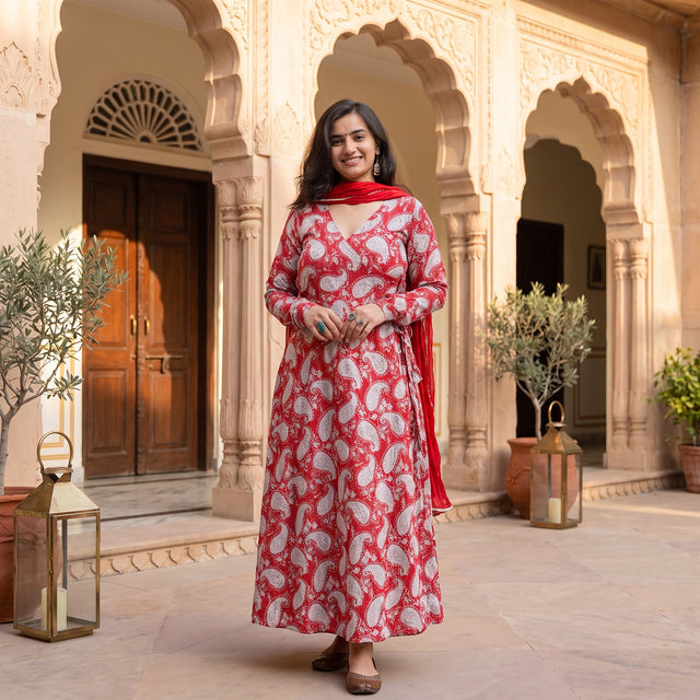 Red Paisley Cotton Angrakha Kurta