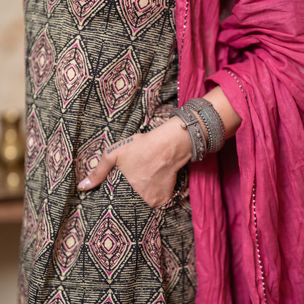 Pink & Black Printed Cotton A-line