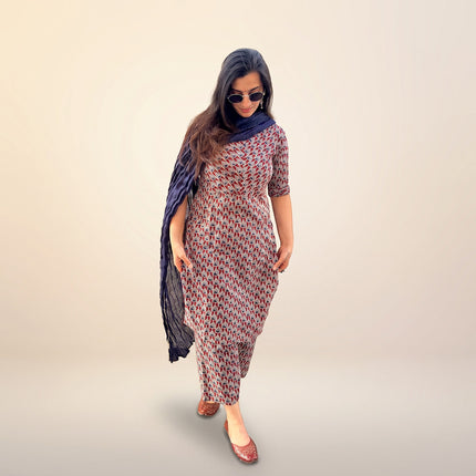 Brown Navy Blue Cotton Kurta Pant Dupatta Set