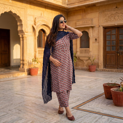 Brown Navy Blue Cotton Kurta Pant Dupatta Set