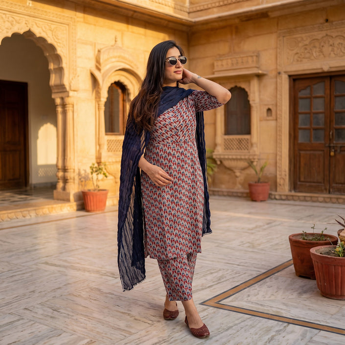 Brown Navy Blue Cotton Kurta Pant Dupatta Set