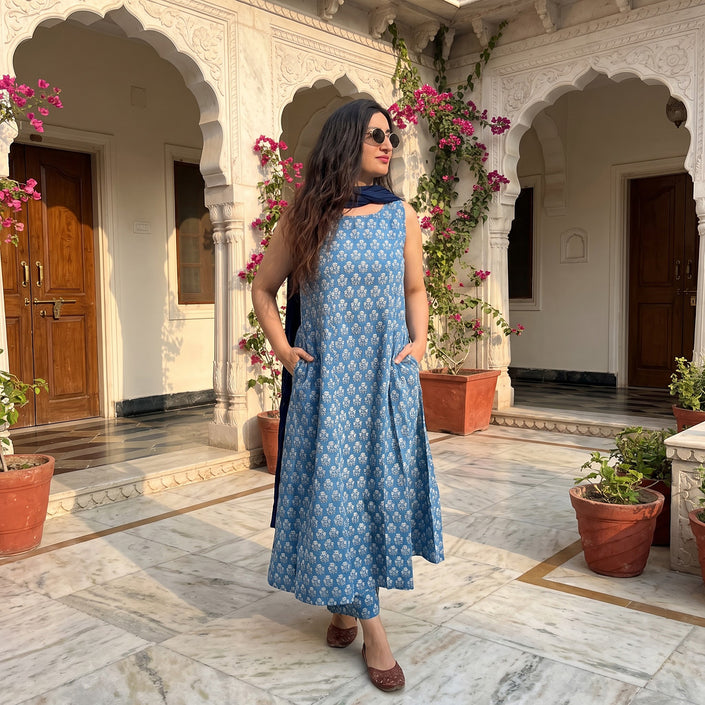 Blue Floral Printed Cotton A-Line Kurti