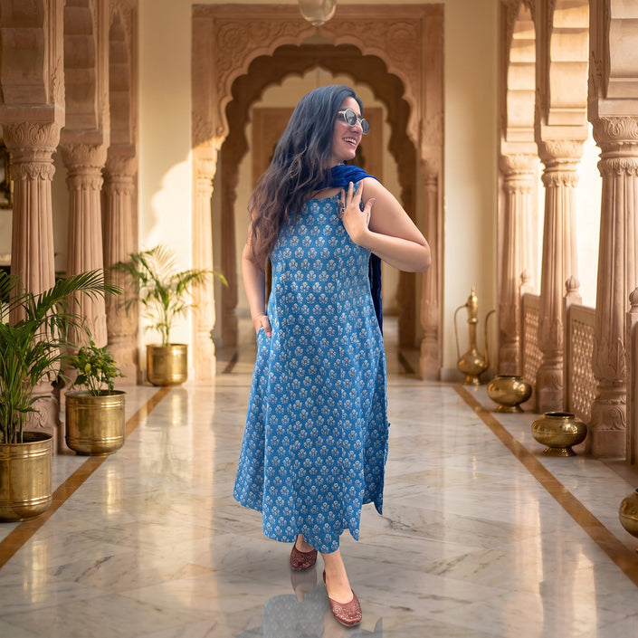Blue Floral Printed Cotton A-Line Kurti