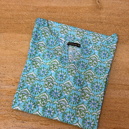 Mint Green Printed Cotton Straight Long Kurti