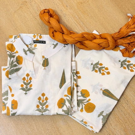 Mustard White Floral Printed Straight Kurta Bottom Dupatta Set