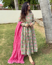 Pastel Mint Green & Pink Floral Cotton Manmohini Alia Cut Kurta
