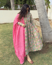 Pastel Mint Green & Pink Floral Cotton Manmohini Alia Cut Kurta