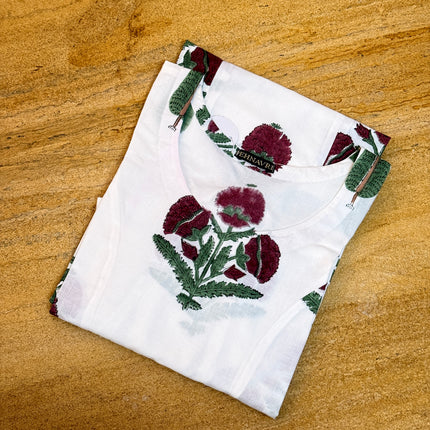 White Maroon Floral Cotton Straight Long Kurti