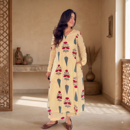 Off White Printed Cotton A-Line Kurti