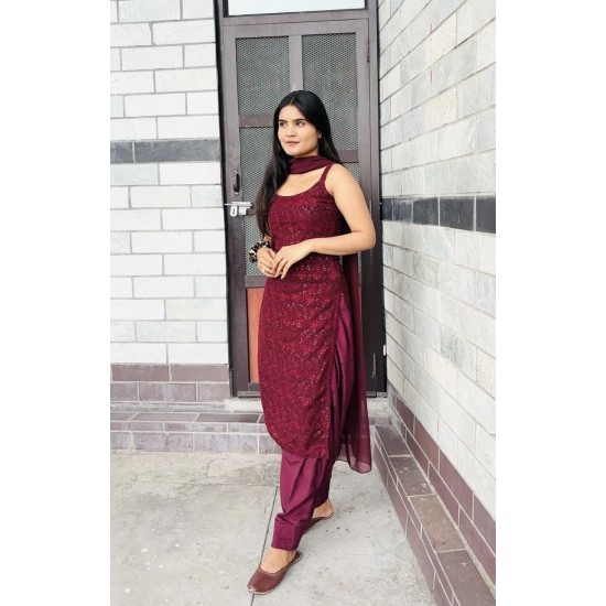 Maroon Chikankari Straight Kurti