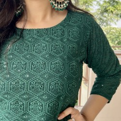 Dark Green Chikankari Straight Kurti