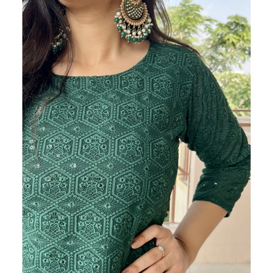 Dark Green Chikankari Straight Kurti